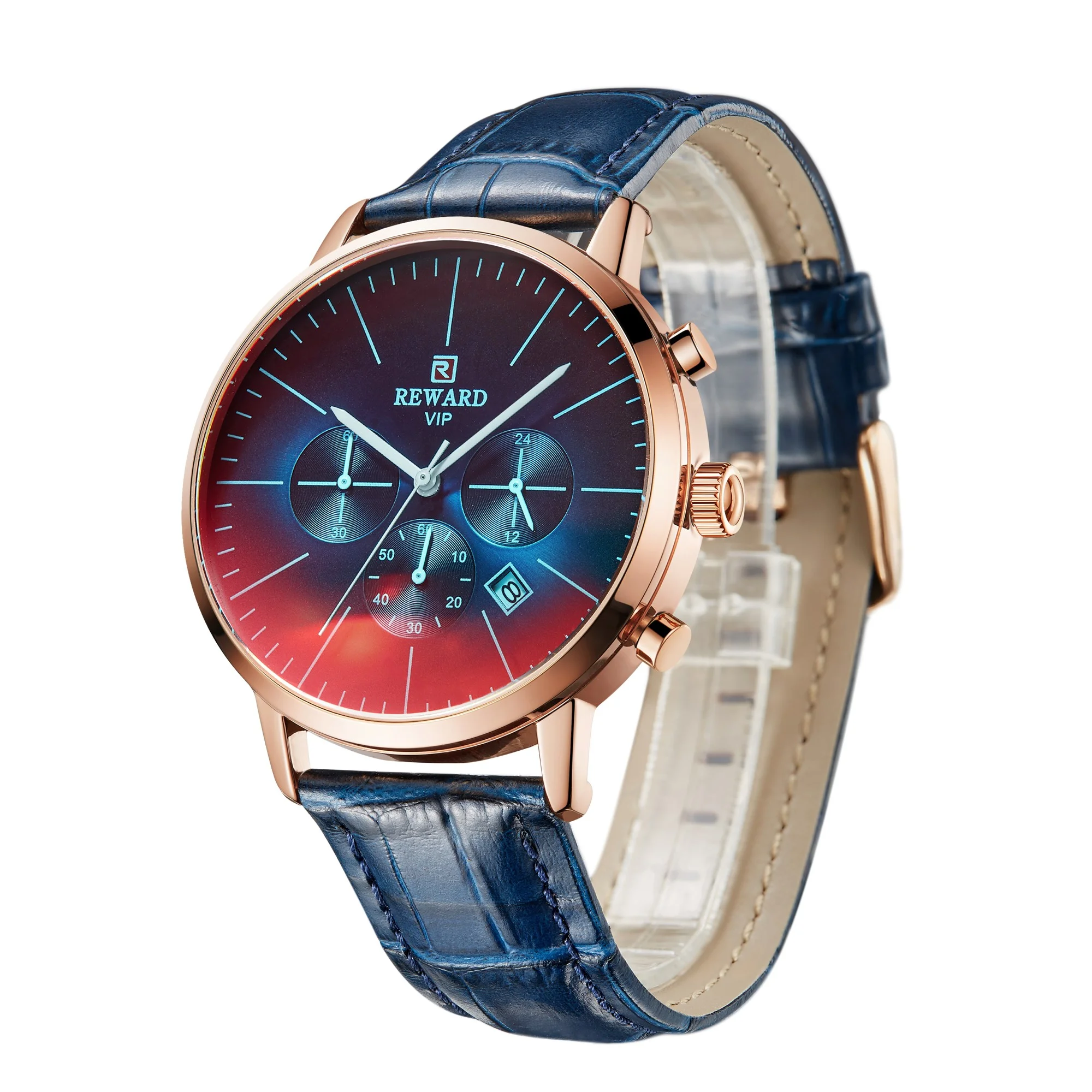 Reward Vip Watch RD83001M Changing Color Glass Men's Chronograph leather strap Fashion Water Resistant quartz Watch