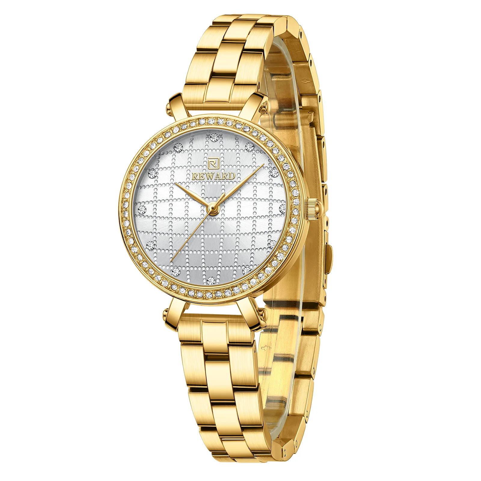 Reward 2022 New Arrival Wrist Watch Women Luxury Diamond Inlay Stainless Steel Ladies Golden Watches Wholesale Montre Acier RD21075L
