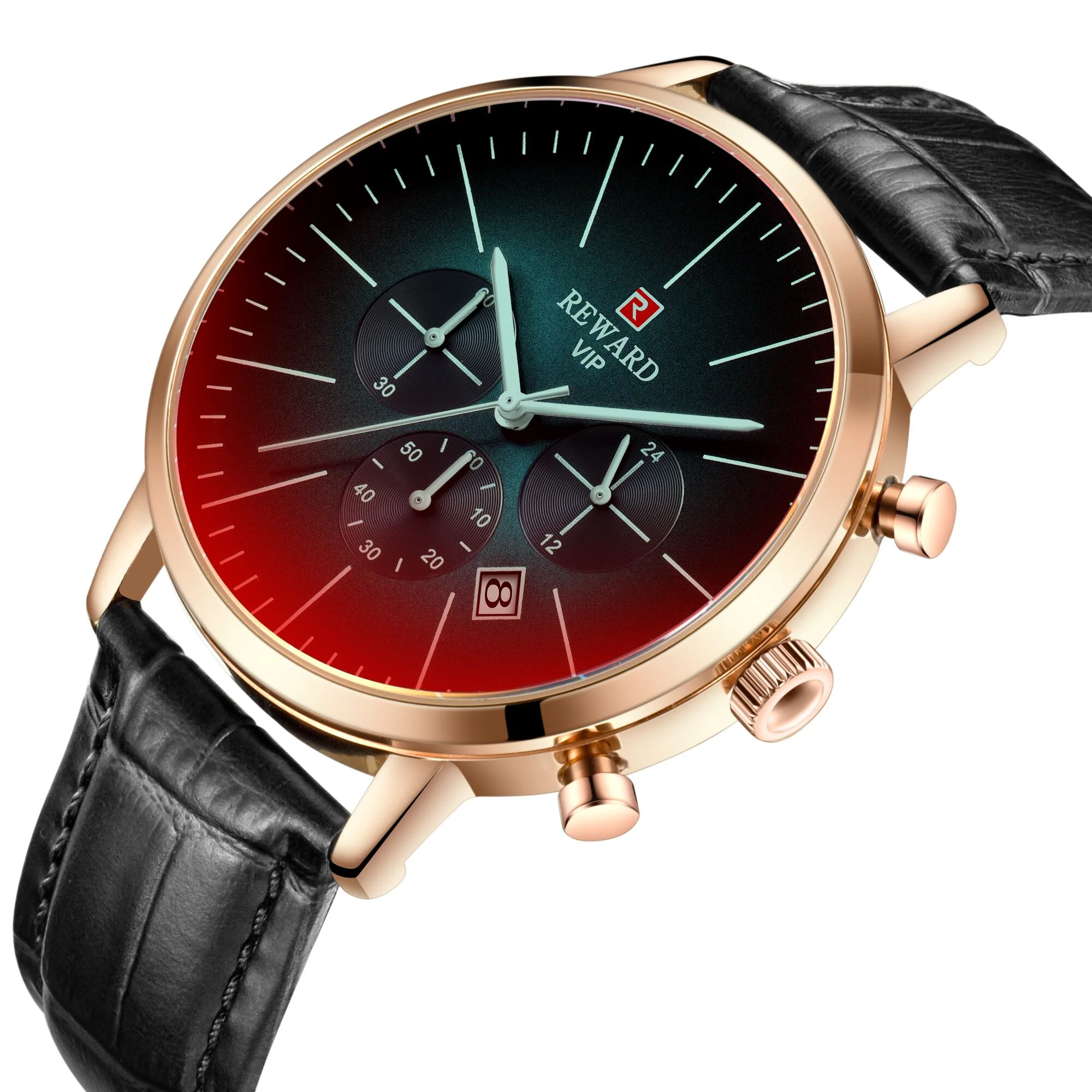 Reward Vip Watch RD83001M Changing Color Glass Men's Chronograph leather strap Fashion Water Resistant quartz Watch